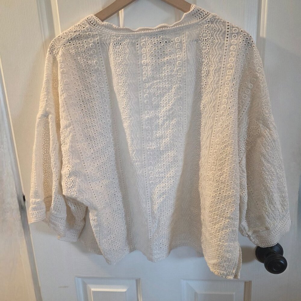 Lucky Brand White Eyelet Lace Kimono Cardigan Boho Open Front Top - Picture 2 of 3
